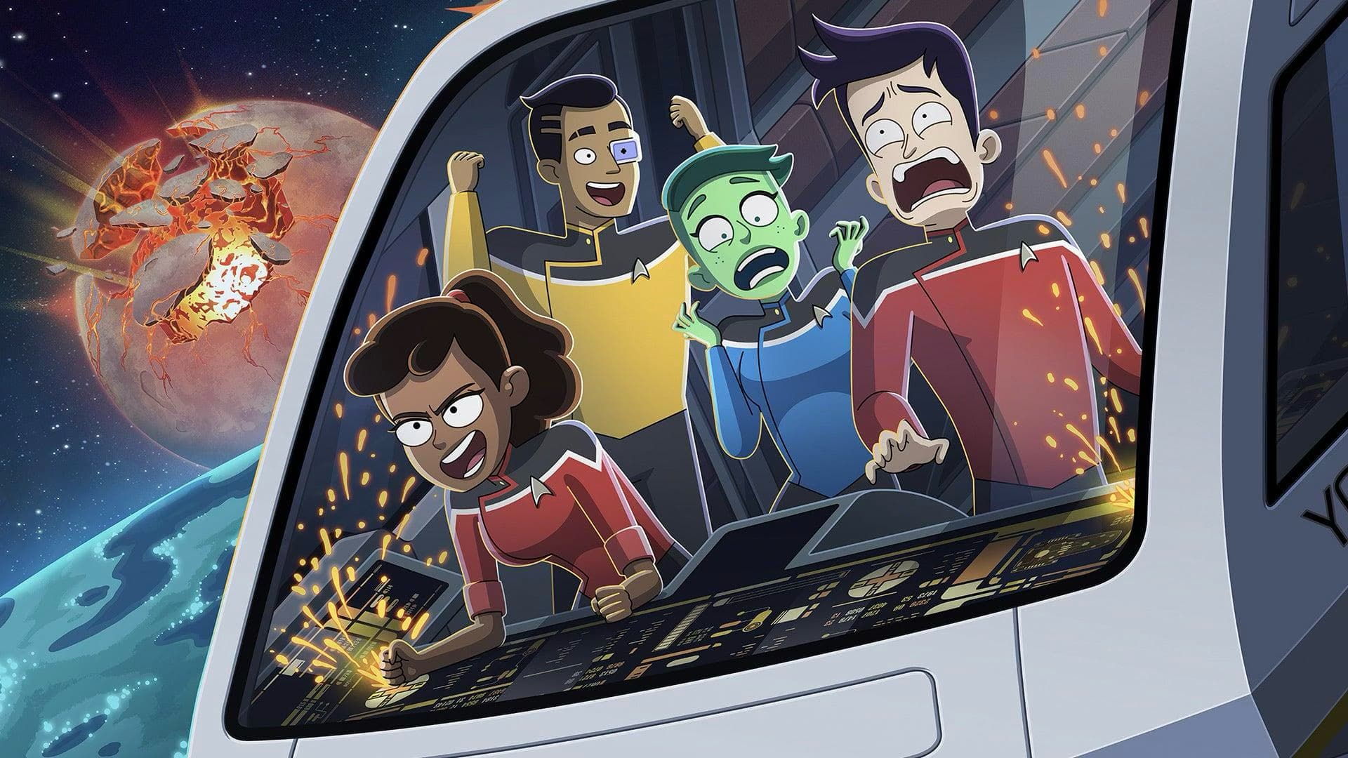 Mariner, Rutherford, Tendi, and Boimler brace inside a shuttlecraft as sparks fly and a fiery, crumbling planet looms outside the window.